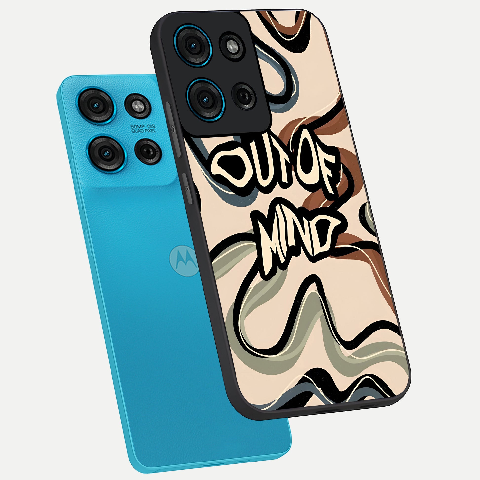 Out Of Mind Glass Case displayed in angled mockup highlighting bold statement design with modern artistic aesthetic.