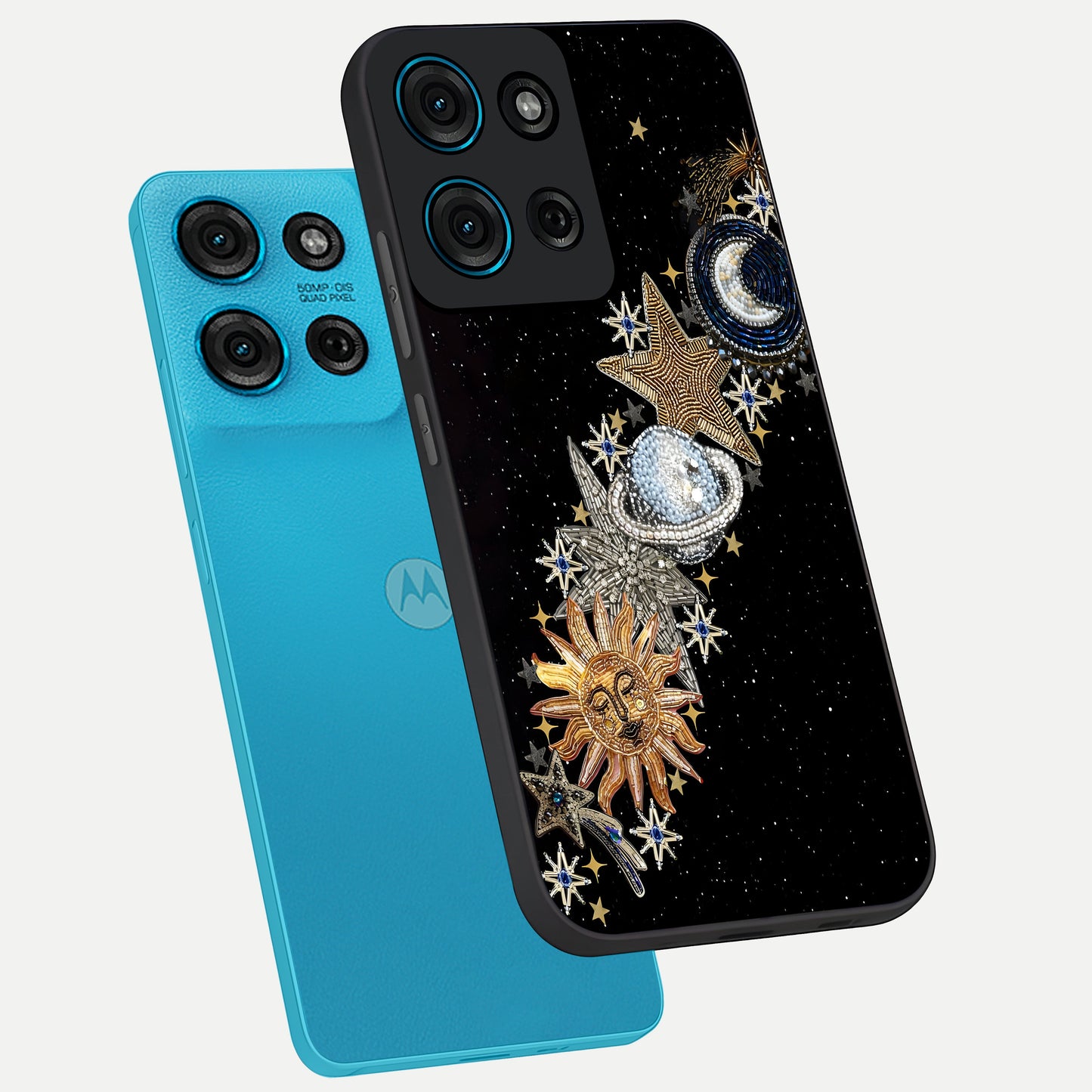 Pearls Universe Object Glass Case displayed in angled mockup highlighting celestial pearl design with dreamy aesthetic.
