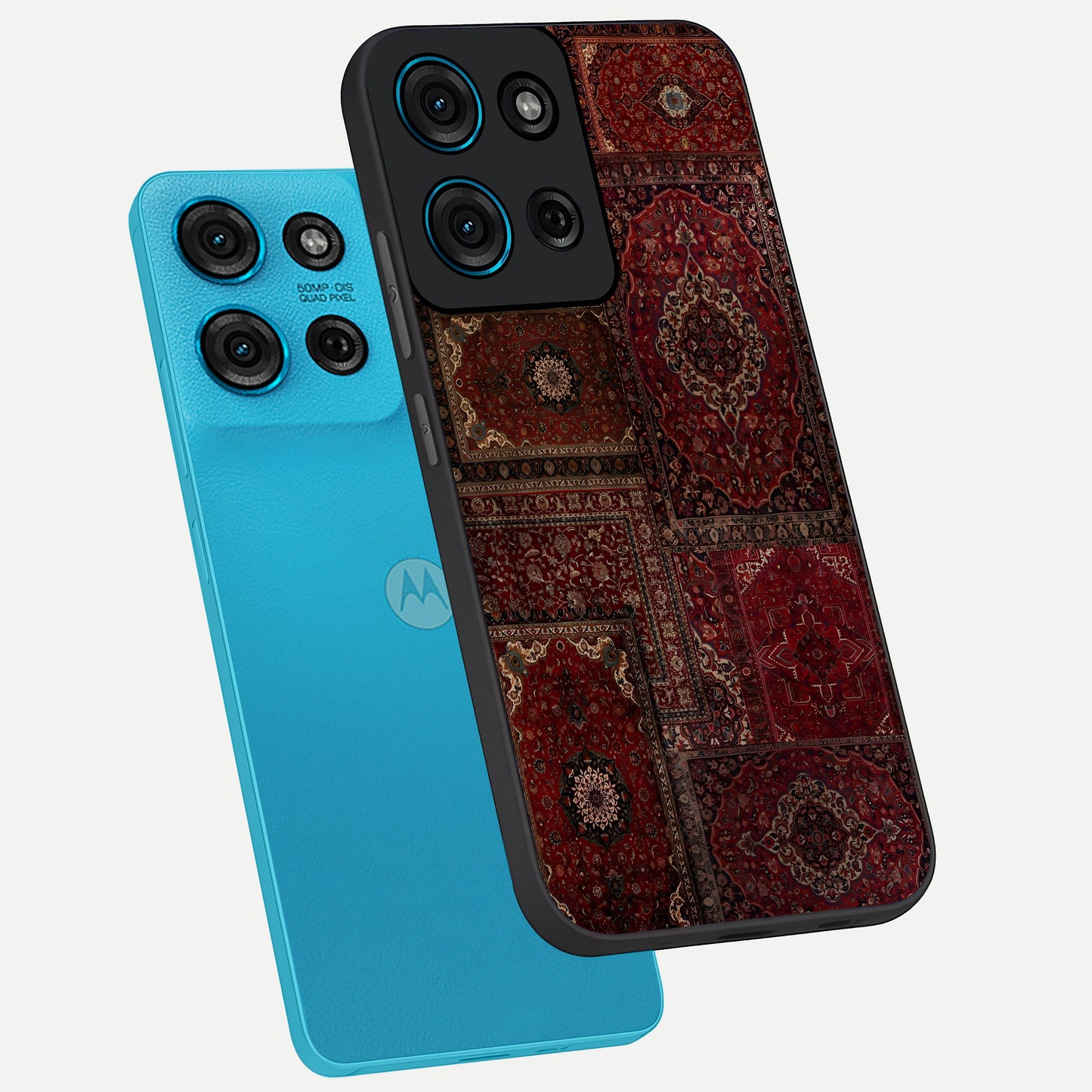 Persian Velvet Tale Glass Case displayed in angled mockup highlighting ornate textile inspired design with royal aesthetic.
