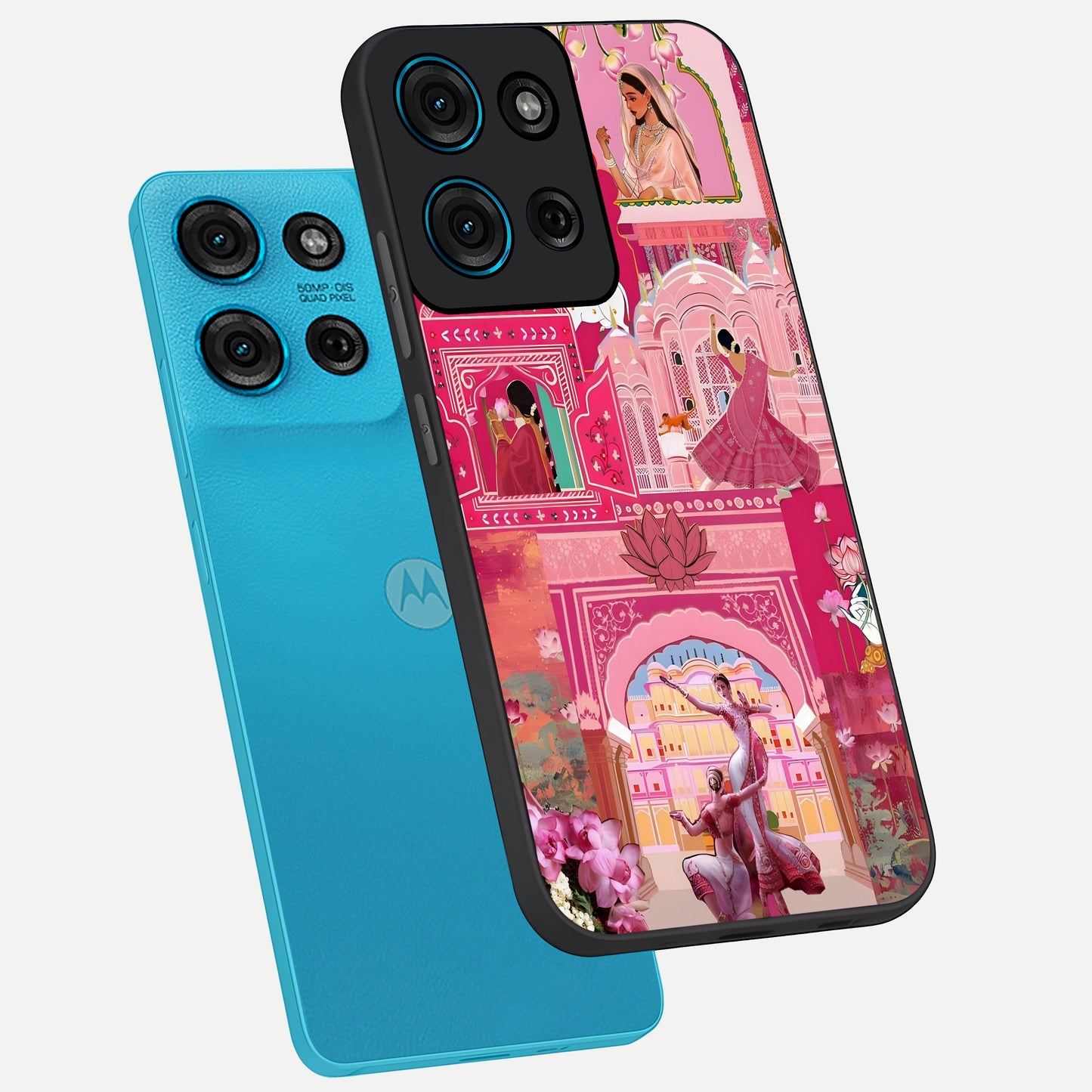 Pink Palace Muse Glass Case displayed in angled mockup highlighting dreamy palace illustration with soft pink aesthetic.
