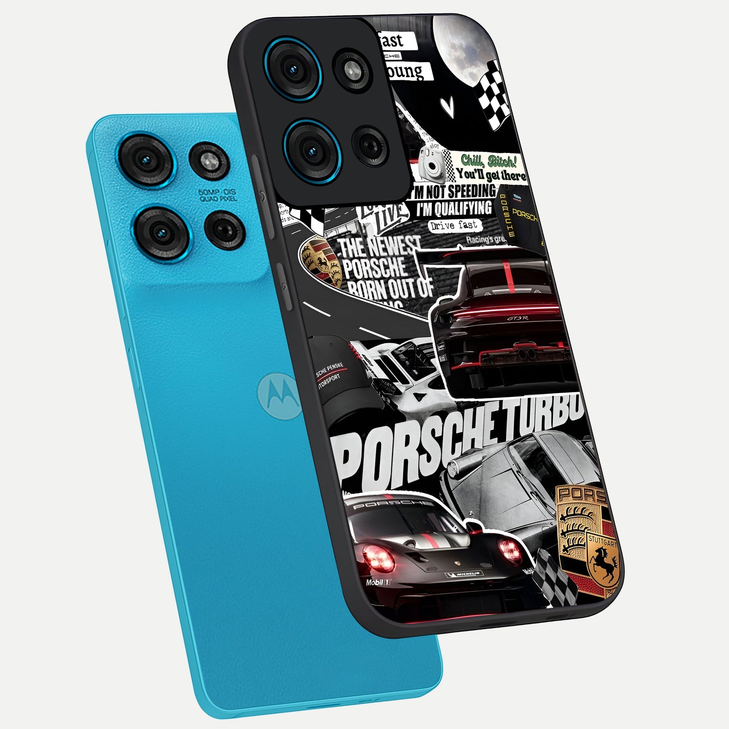 Porsche Racing Collage Glass Case displayed in angled mockup highlighting dynamic automotive design with bold racing aesthetic.