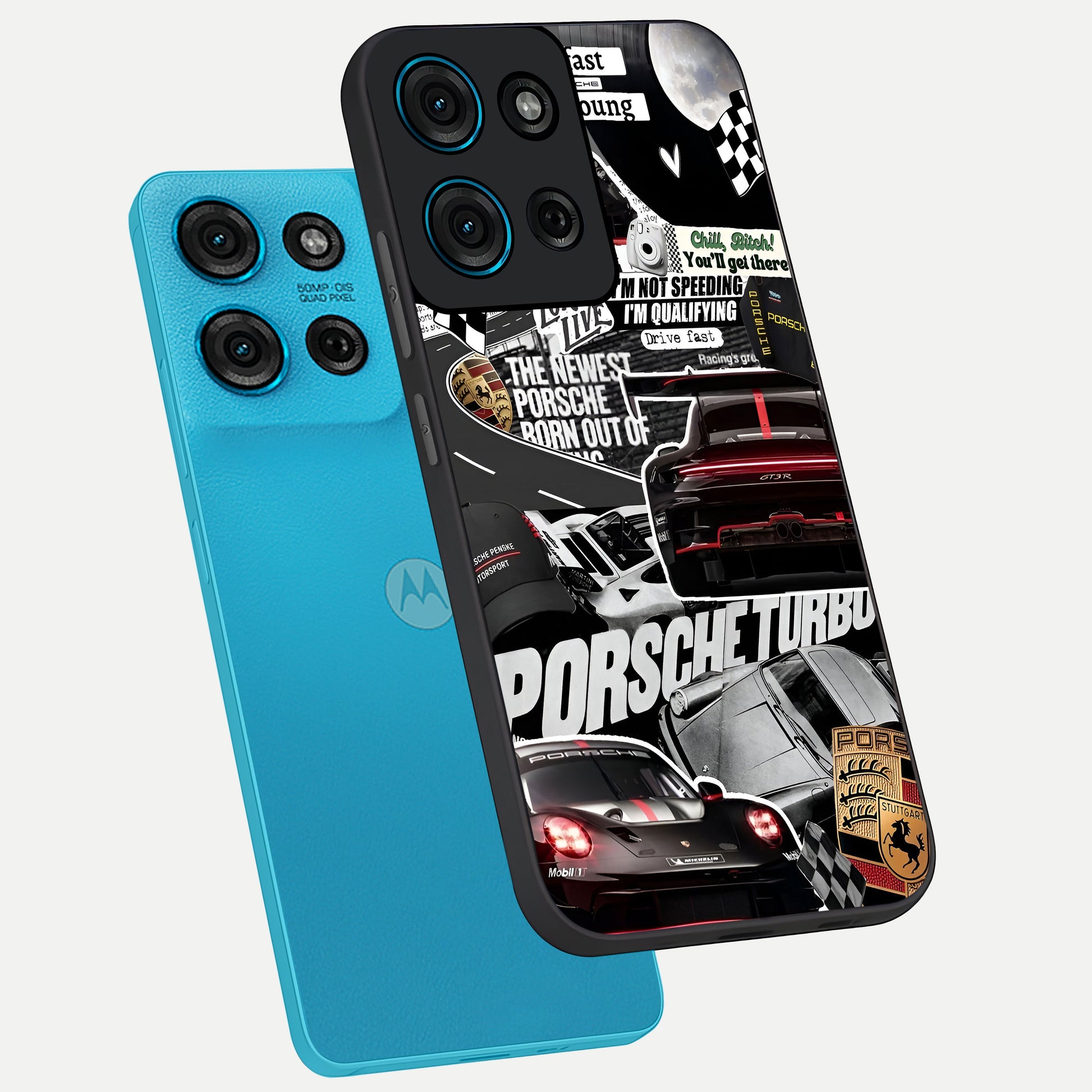 Porsche Racing Collage Glass Case displayed in angled mockup highlighting dynamic automotive design with bold racing aesthetic.