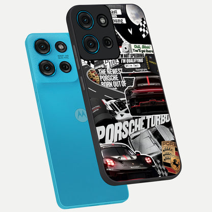 Porsche Racing Collage Glass Case displayed in angled mockup highlighting dynamic automotive design with bold racing aesthetic.