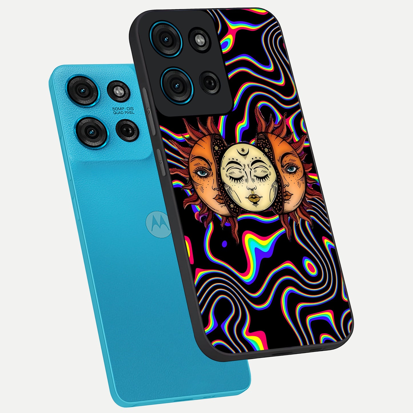 Psychedelic Sun Glass Case displayed in angled mockup highlighting vibrant abstract sun design with artistic aesthetic style.