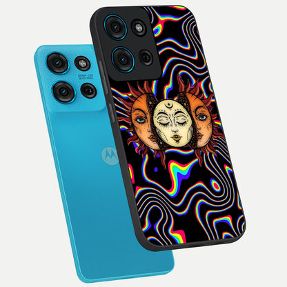 Psychedelic Sun Glass Case displayed in angled mockup highlighting vibrant abstract sun design with artistic aesthetic style.