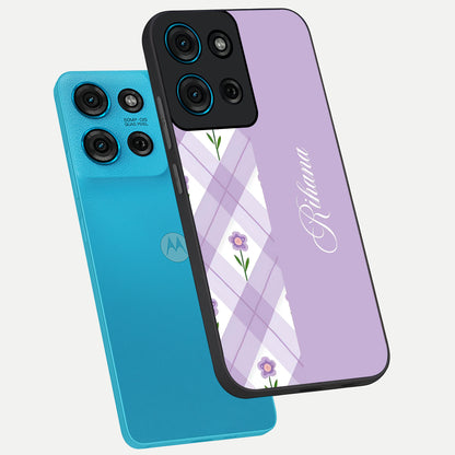 Purple Diamond Floral Glass Case displayed in angled mockup highlighting elegant purple flower design with decorative pattern.