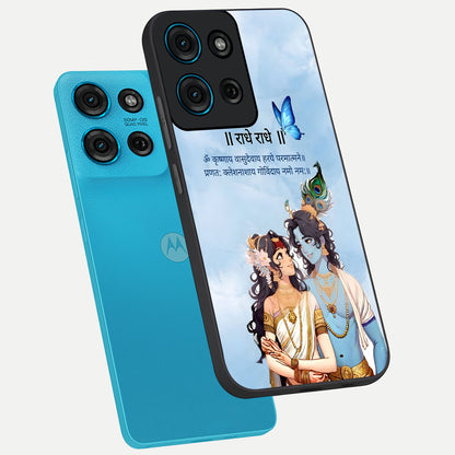 Radha Krishna Eternal Glass Case displayed in angled mockup highlighting divine Radha Krishna illustration with spiritual aesthetic.