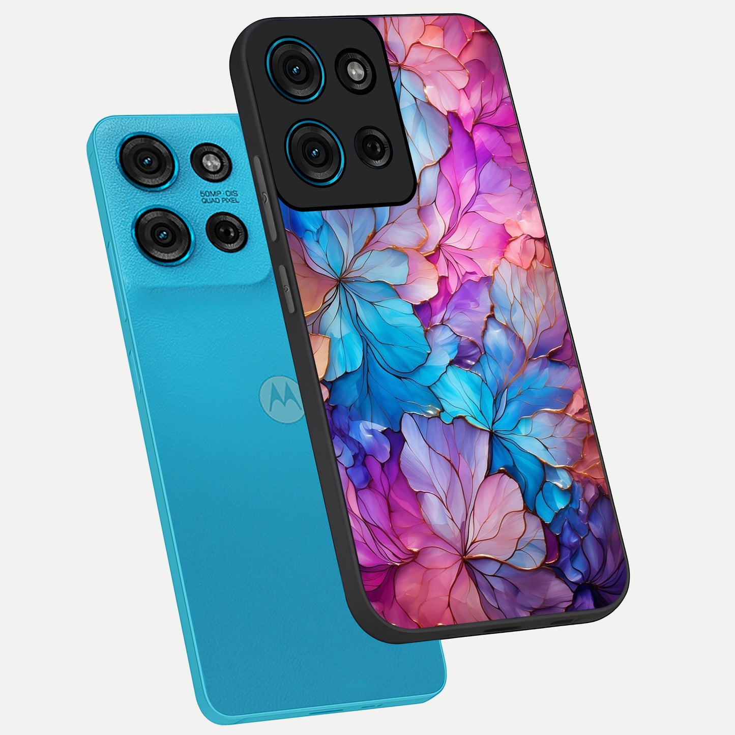 Radiant Floral Whirl Glass Case displayed in angled mockup highlighting vibrant flower pattern with dynamic artistic aesthetic.