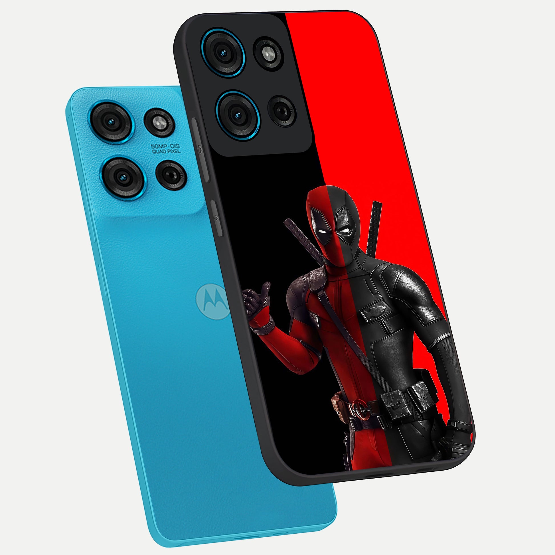Red & Black Deadpool Theme Glass Case displayed in angled mockup highlighting vibrant superhero style illustration with action aesthetic.