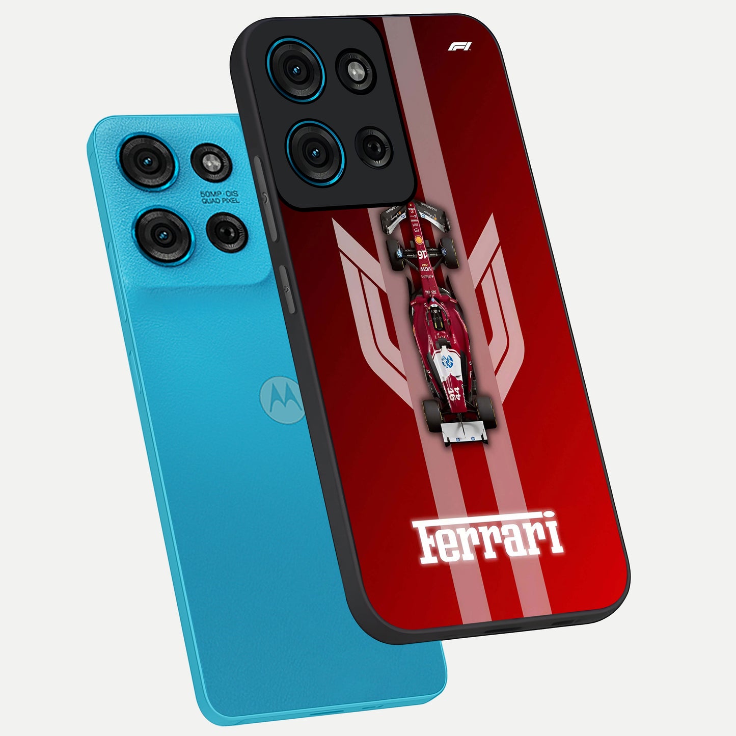 Red Ferrari F1 Vertical Glass Case displayed in angled mockup highlighting high speed racing design with bold automotive aesthetic.