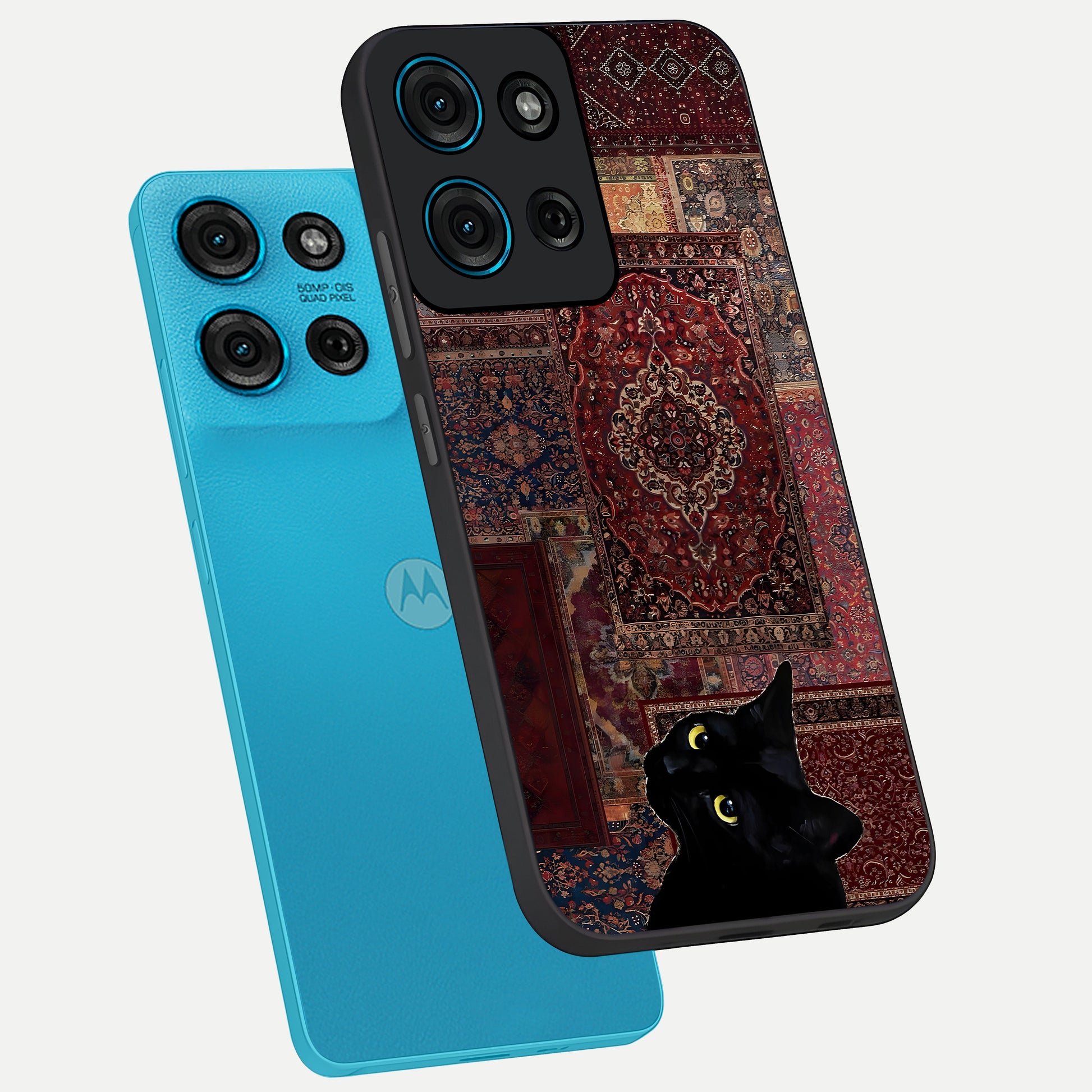 Regal Magic Cat Apple Glass Case displayed in angled mockup highlighting whimsical feline design with fantasy aesthetic.