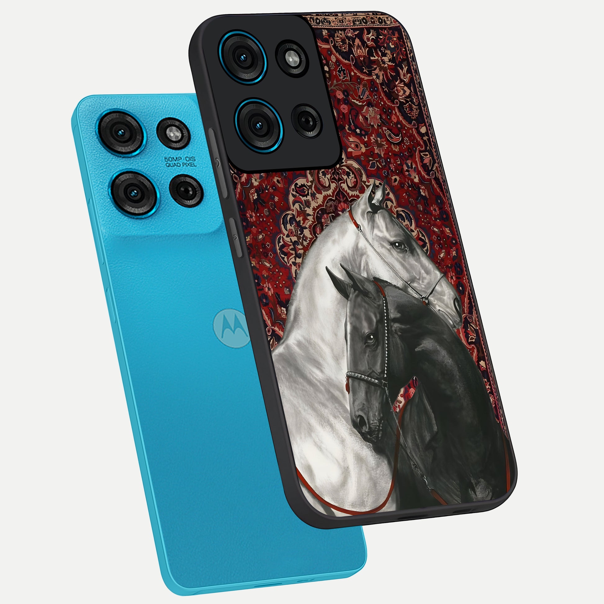 Regal Stallion Tapestry Glass Case displayed in angled mockup highlighting royal stallion design with decorative heritage aesthetic.