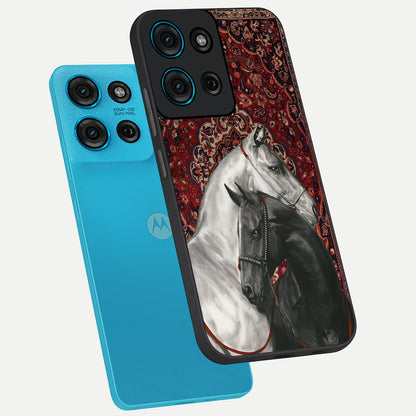 Regal Stallion Tapestry Glass Case displayed in angled mockup highlighting royal stallion design with decorative heritage aesthetic.