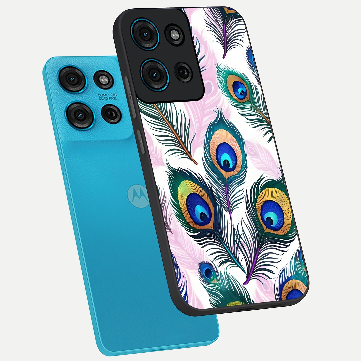 Royal Peacock Feathers Glass Case displayed in angled mockup highlighting vibrant feather pattern with regal aesthetic style.