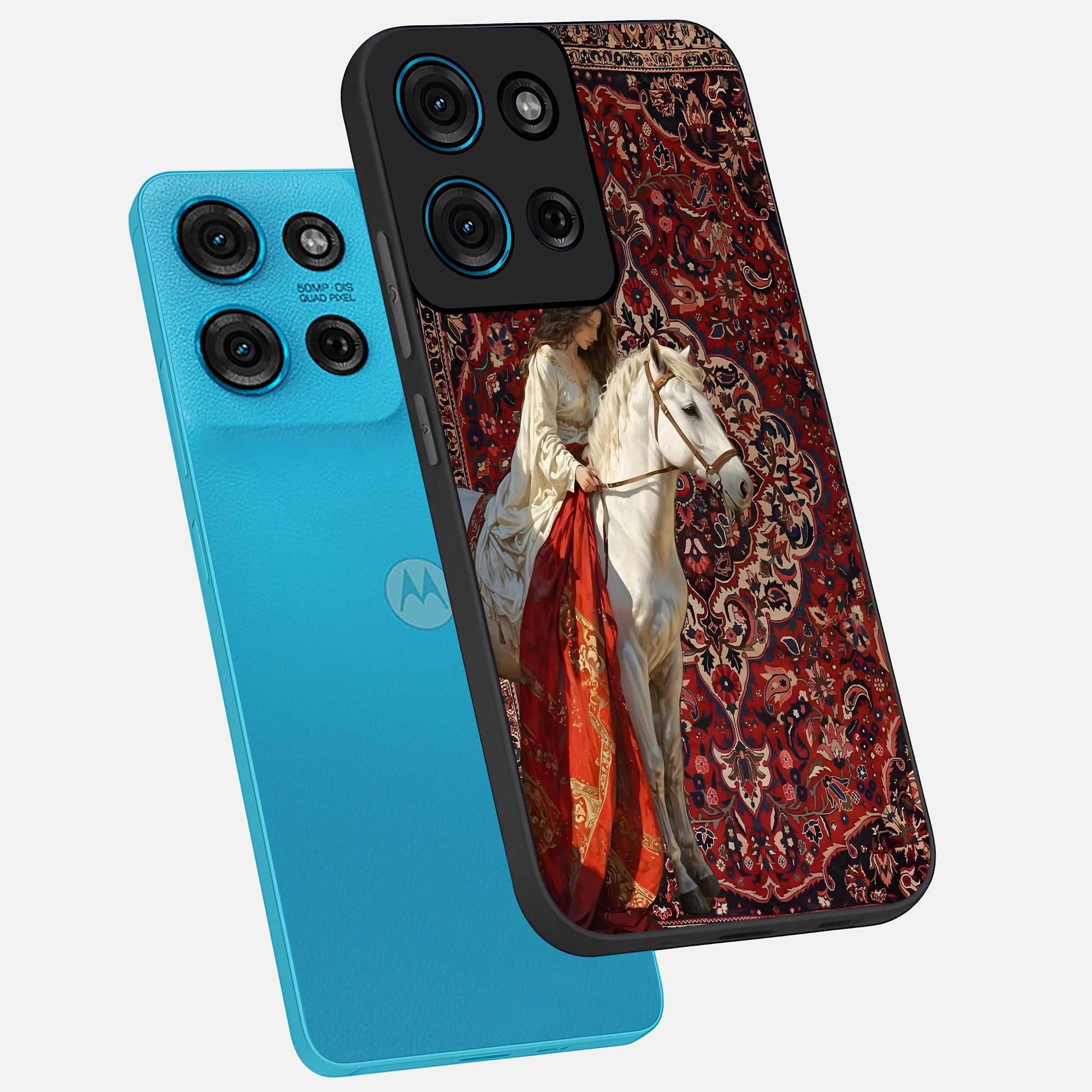 Royal Rider Tapestry Glass Case displayed in angled mockup highlighting traditional tapestry design with royal heritage aesthetic.