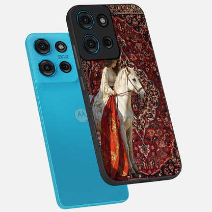 Royal Rider Tapestry Glass Case displayed in angled mockup highlighting traditional tapestry design with royal heritage aesthetic.