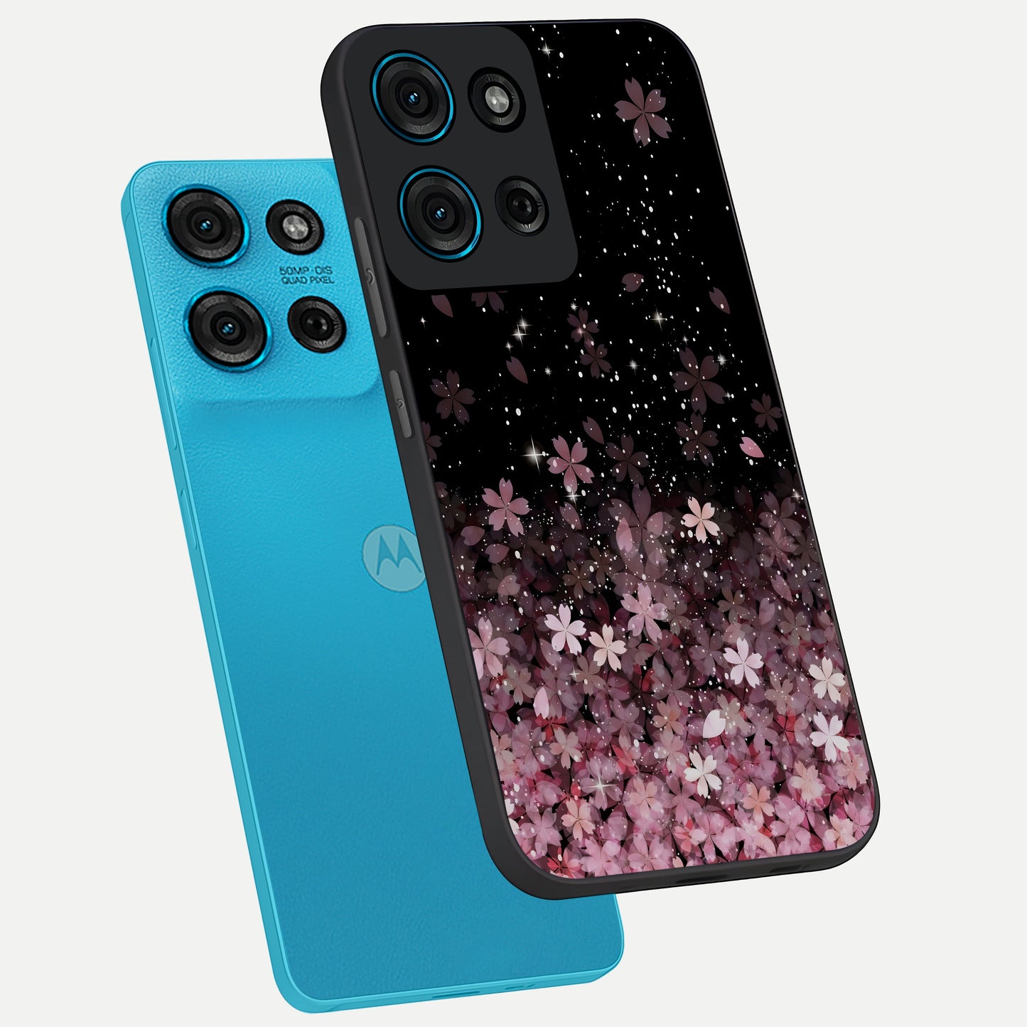 Small Starry Flowers Glass Case displayed in angled mockup highlighting tiny flower pattern with celestial aesthetic style.