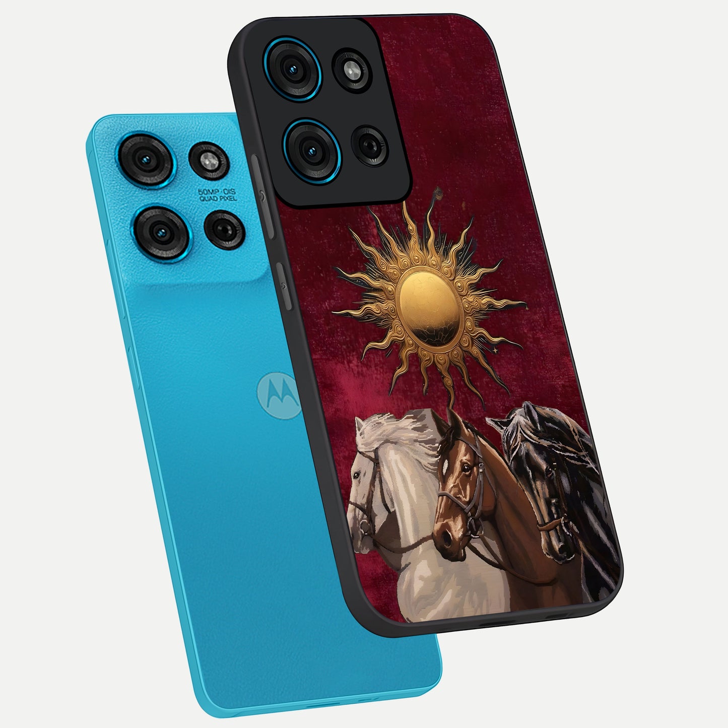Solar Riders Glass Case displayed in angled mockup highlighting powerful rider illustration with radiant solar aesthetic.
