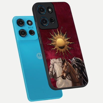 Solar Riders Glass Case displayed in angled mockup highlighting powerful rider illustration with radiant solar aesthetic.