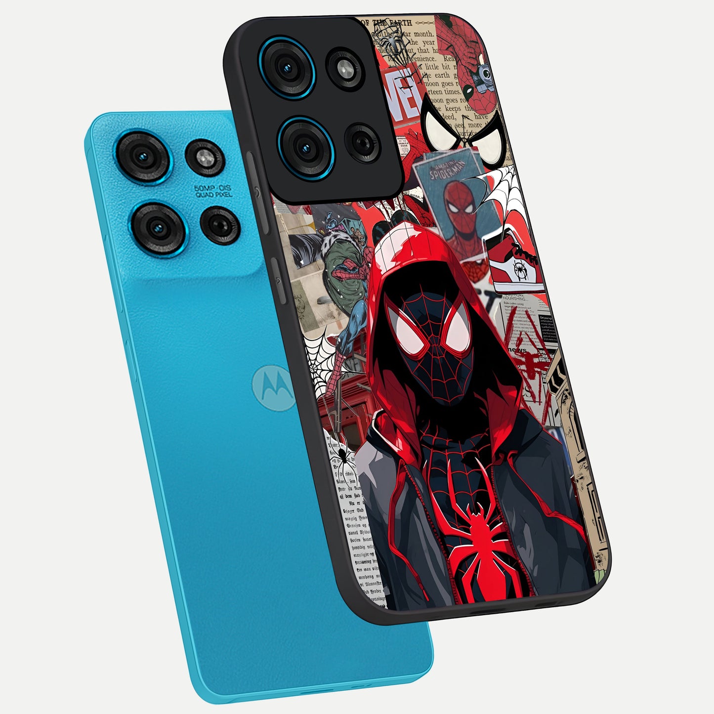 Spider Collage Street Glass Case displayed in angled mockup highlighting dynamic street style collage design with comic aesthetic.