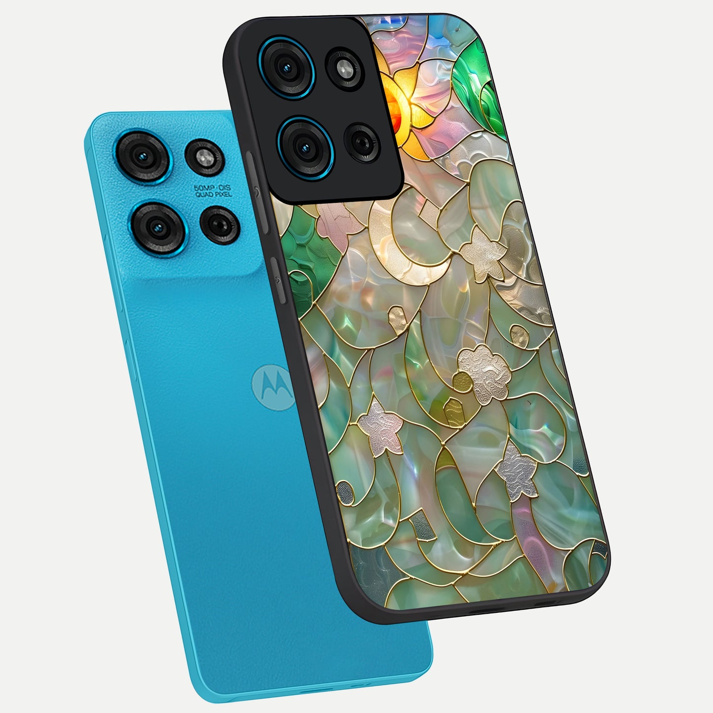 Stained Sunrise Glow Glass Case displayed in angled mockup highlighting radiant sunrise design with artistic aesthetic style.