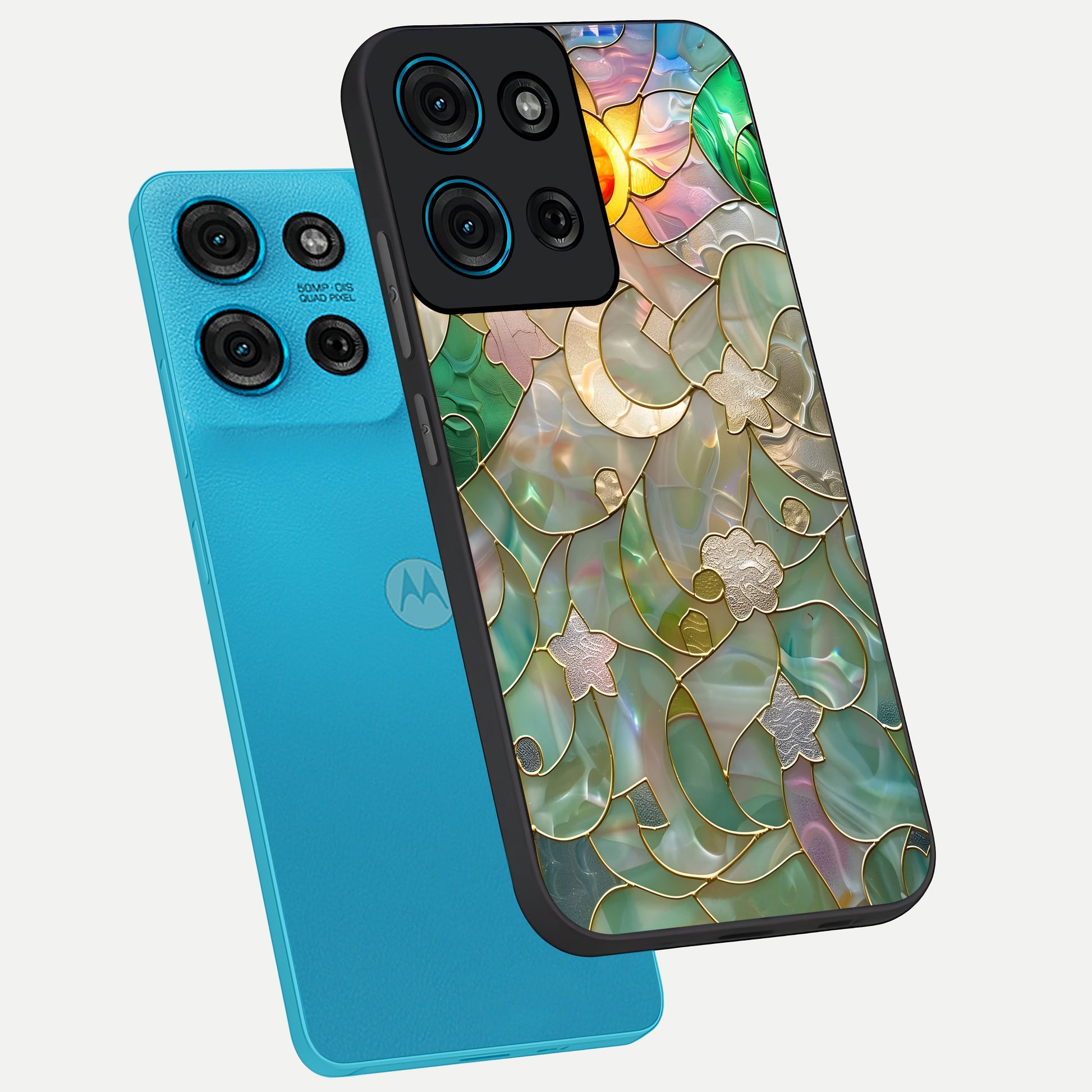 Stained Sunrise Glow Glass Case displayed in angled mockup highlighting radiant sunrise design with artistic aesthetic style.