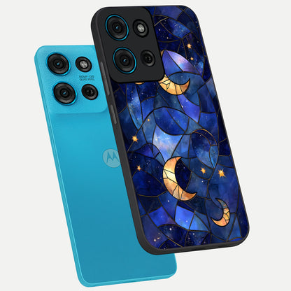 Starlit Sky Tapestry Glass Case displayed in angled mockup highlighting celestial night pattern with artistic aesthetic style.