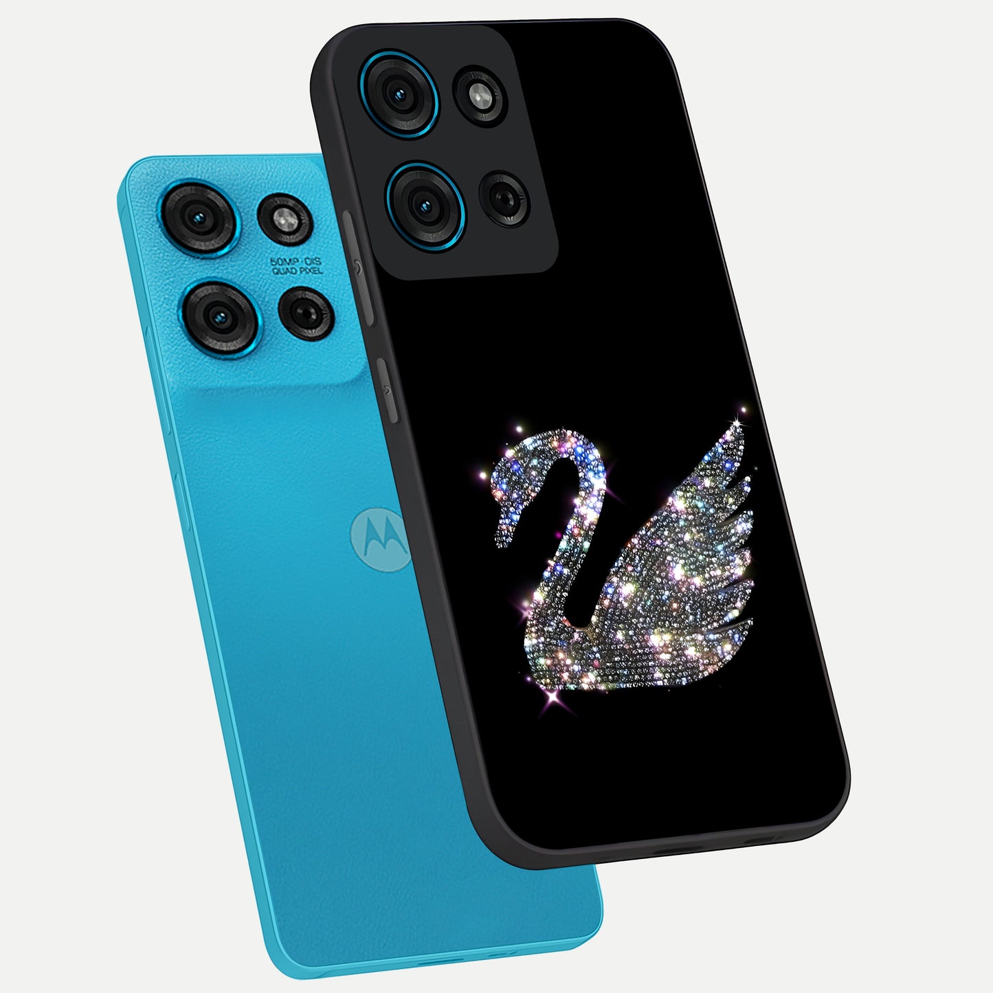 Starlit Swan Grace Glass Case displayed in angled mockup highlighting elegant swan illustration with dreamy celestial aesthetic.