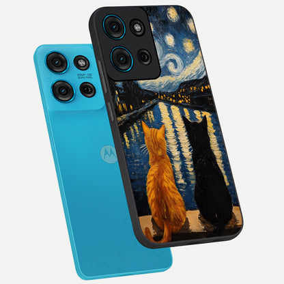 Starry River Cats Glass Case displayed in angled mockup highlighting charming feline illustration with dreamy night aesthetic.