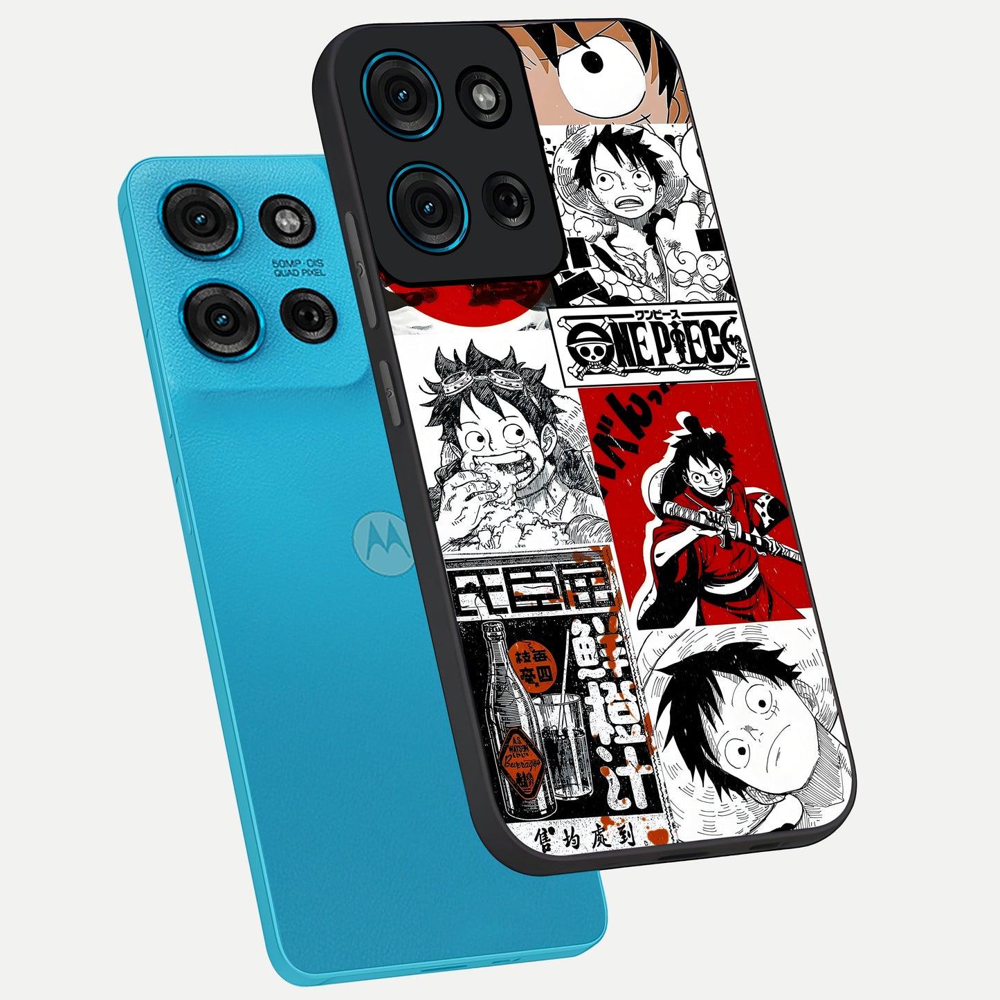 Strawhat Chaos Panels Glass Case displayed in angled mockup highlighting vibrant anime collage design with action aesthetic.