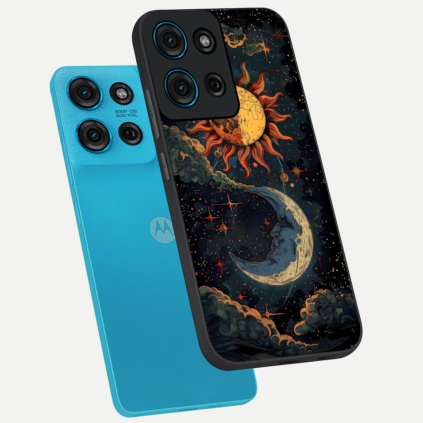 Sun And Moon Magic Design Glass Case displayed in angled mockup highlighting celestial design with magical cosmic aesthetic.