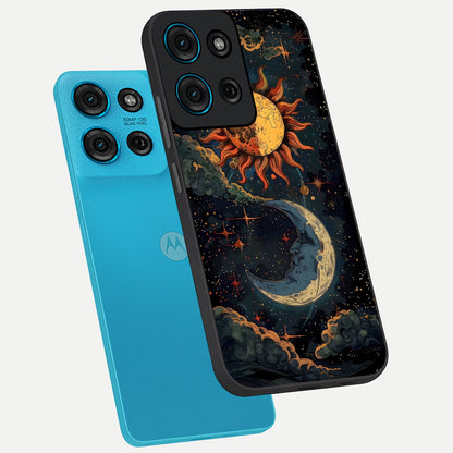 Sun And Moon Magic Design Glass Case displayed in angled mockup highlighting celestial design with magical cosmic aesthetic.