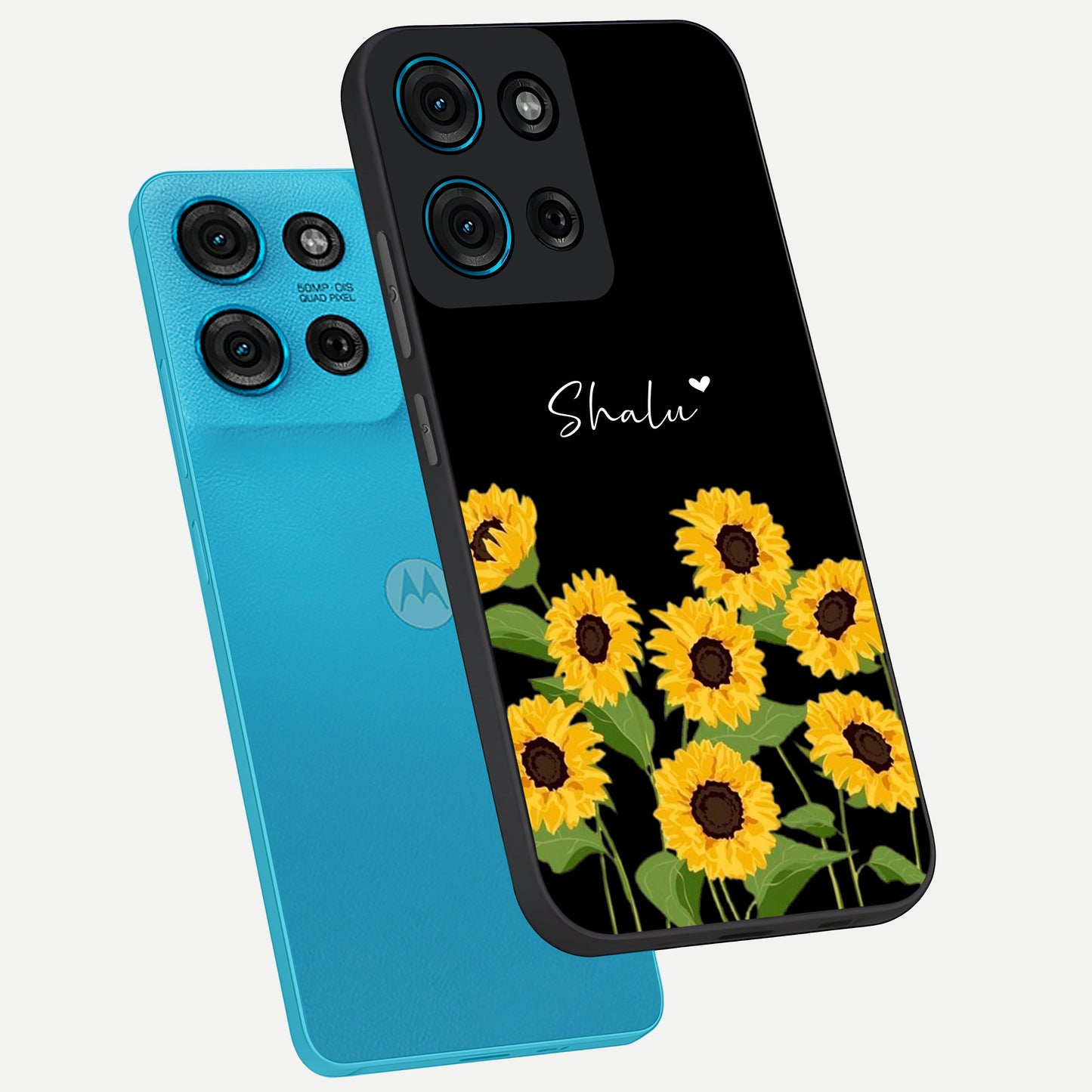 Sunflower Chic Mood Custom Name Glass Case displayed in angled mockup highlighting vibrant sunflower design with custom name feature.