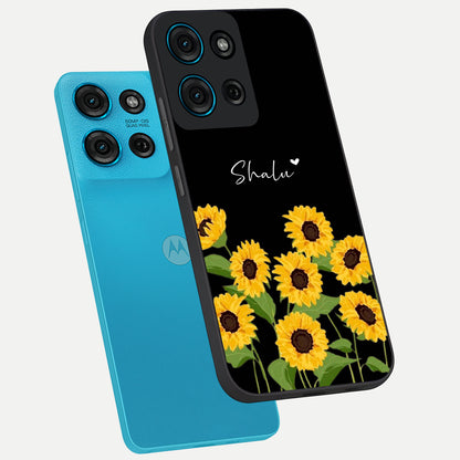 Sunflower Chic Mood Custom Name Glass Case displayed in angled mockup highlighting vibrant sunflower design with custom name feature.