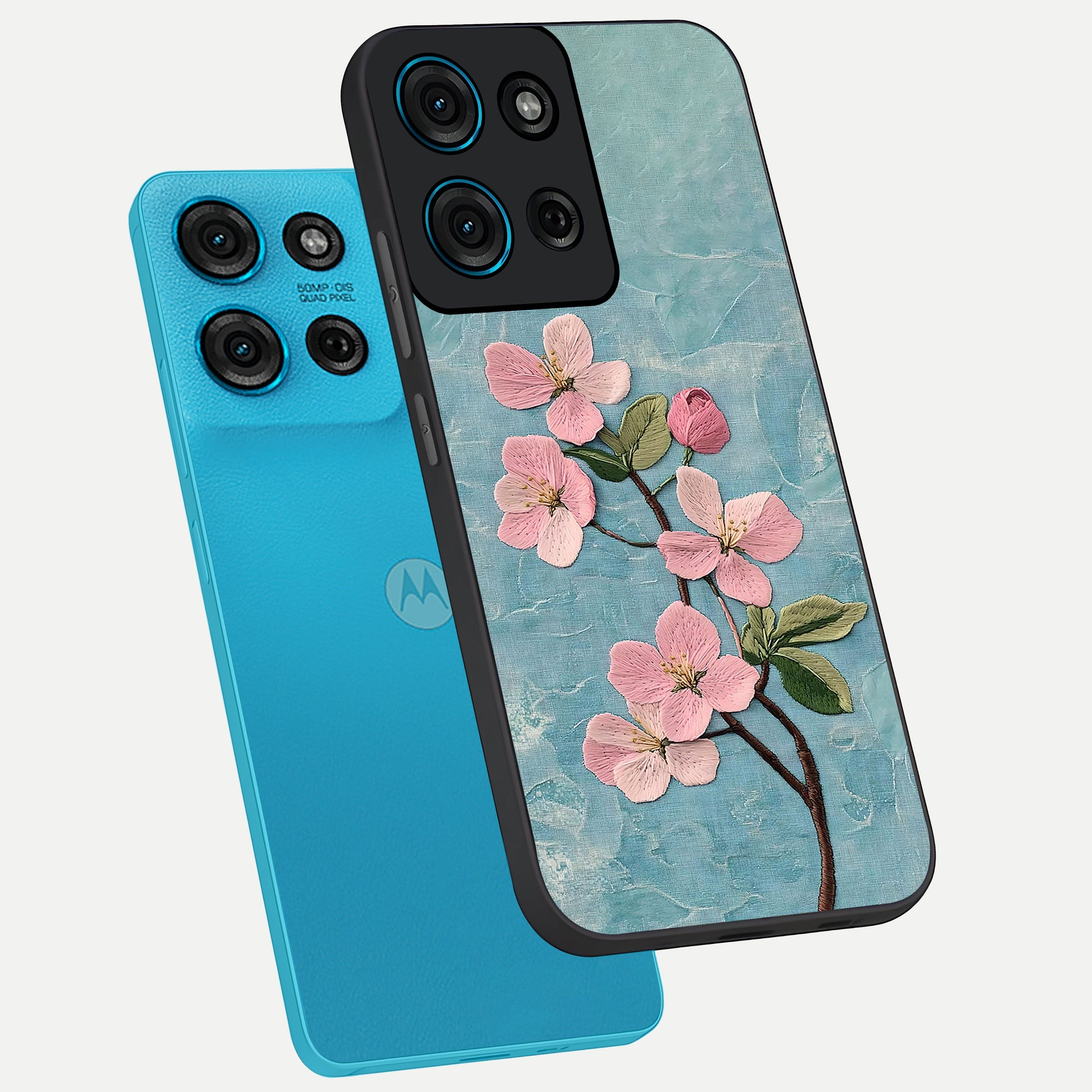 Threaded Blossom Breeze Glass Case displayed in angled mockup highlighting elegant floral design with soft aesthetic style.