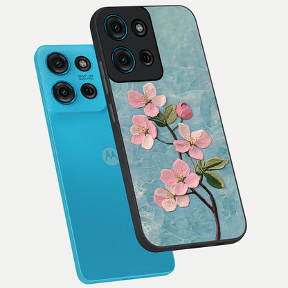 Threaded Blossom Breeze Glass Case displayed in angled mockup highlighting elegant floral design with soft aesthetic style.