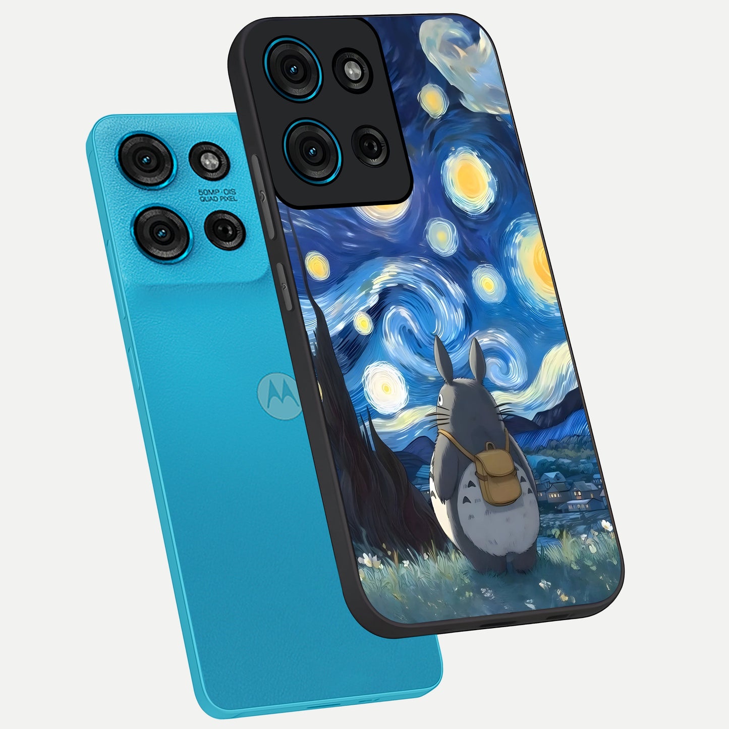 Totoro In Van Gogh Art Glass Case displayed in angled mockup highlighting artistic swirling sky design with playful animation aesthetic.