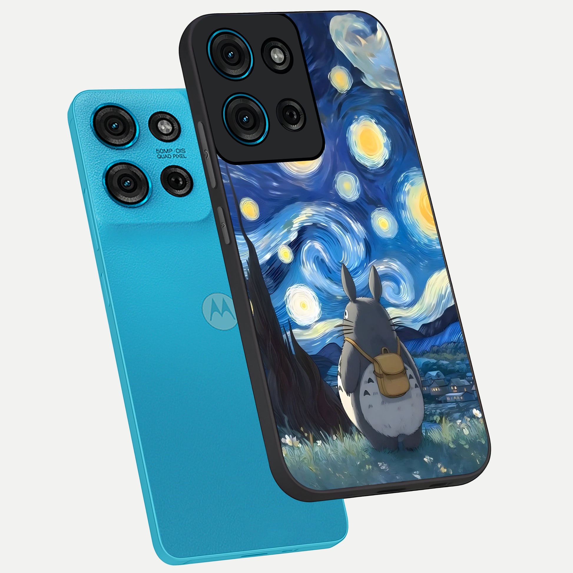 Totoro In Van Gogh Art Glass Case displayed in angled mockup highlighting artistic swirling sky design with playful animation aesthetic.
