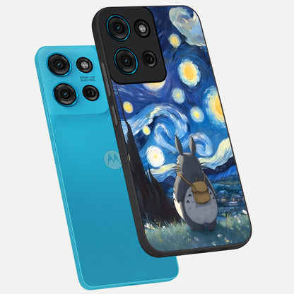 Totoro In Van Gogh Art Glass Case displayed in angled mockup highlighting artistic swirling sky design with playful animation aesthetic.