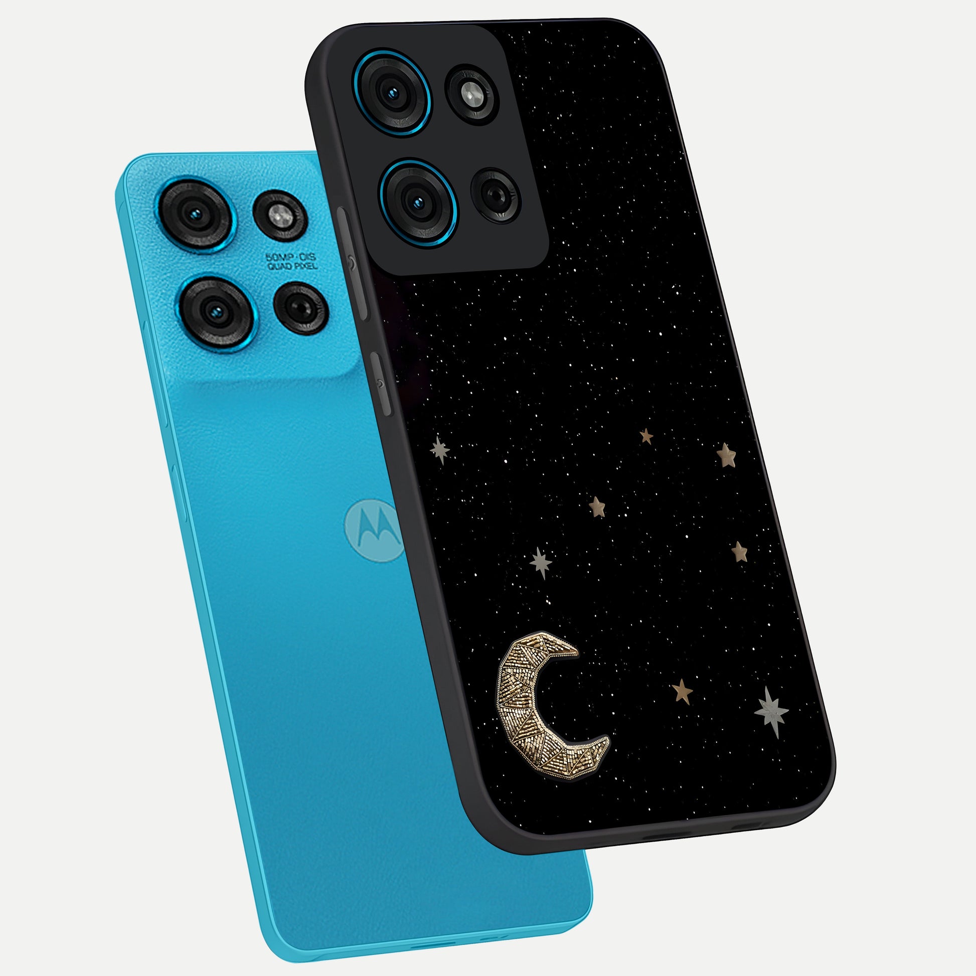 Twinkle Star With Half Moon Glass Case displayed in angled mockup highlighting celestial moon and star design with magical aesthetic.