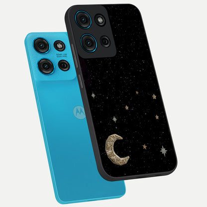 Twinkle Star With Half Moon Glass Case displayed in angled mockup highlighting celestial moon and star design with magical aesthetic.