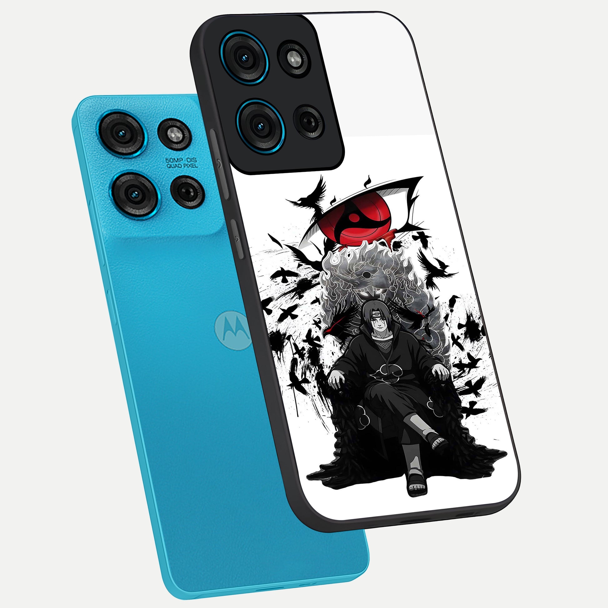 Uchiha Shadow Throne Glass Case displayed in angled mockup highlighting glowing aquatic design with celestial aesthetic.
