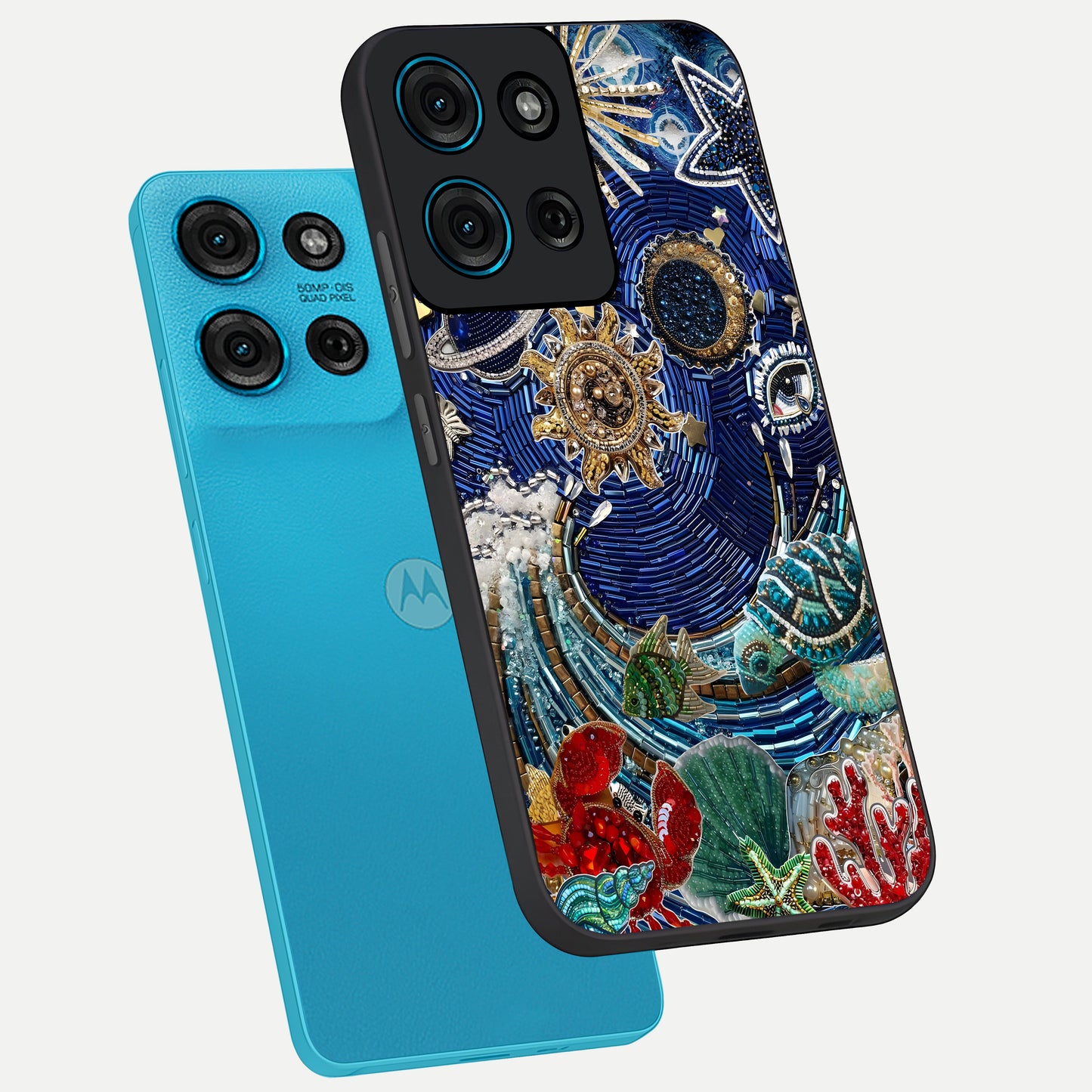 Universe Underwater Spark Glass Case displayed in angled mockup highlighting glowing aquatic design with celestial aesthetic.