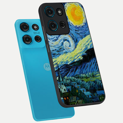 Van Gogh Art Glass Case displayed in angled mockup highlighting swirling brushstroke design with artistic aesthetic.