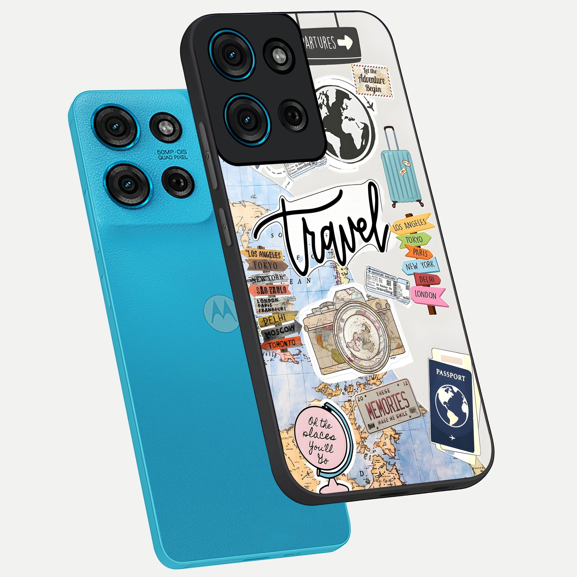 Wanderlust Journal Glass Case displayed in angled mockup highlighting adventure themed design with aesthetic travel vibe.