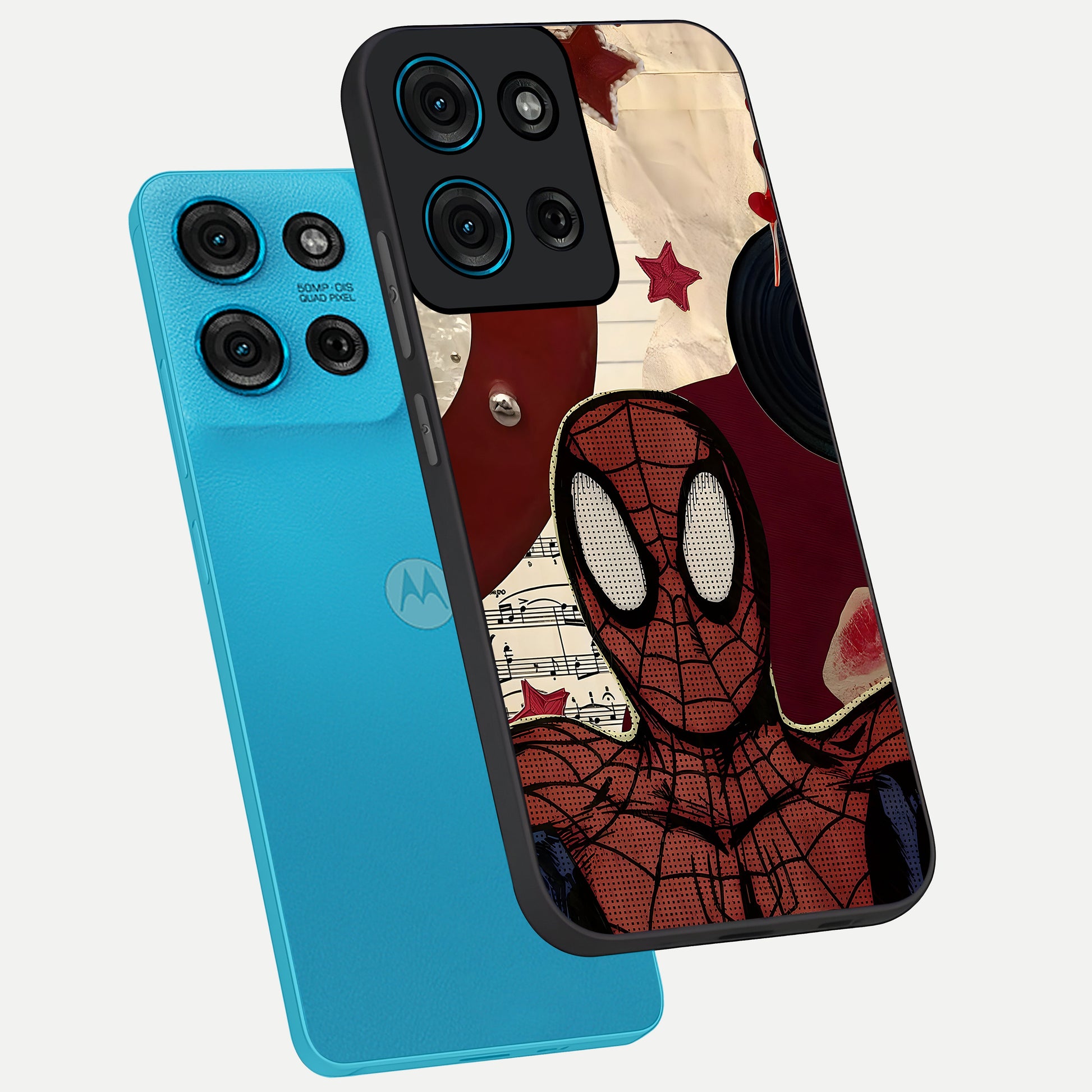 Web Warrior Vibes Glass Case displayed in angled mockup highlighting dynamic web design with comic style aesthetic.