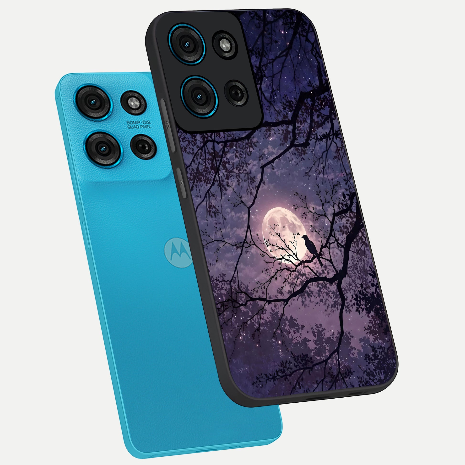 Whispering Moon Silence Glass Case displayed in angled mockup highlighting calm lunar design with dreamy night aesthetic.
