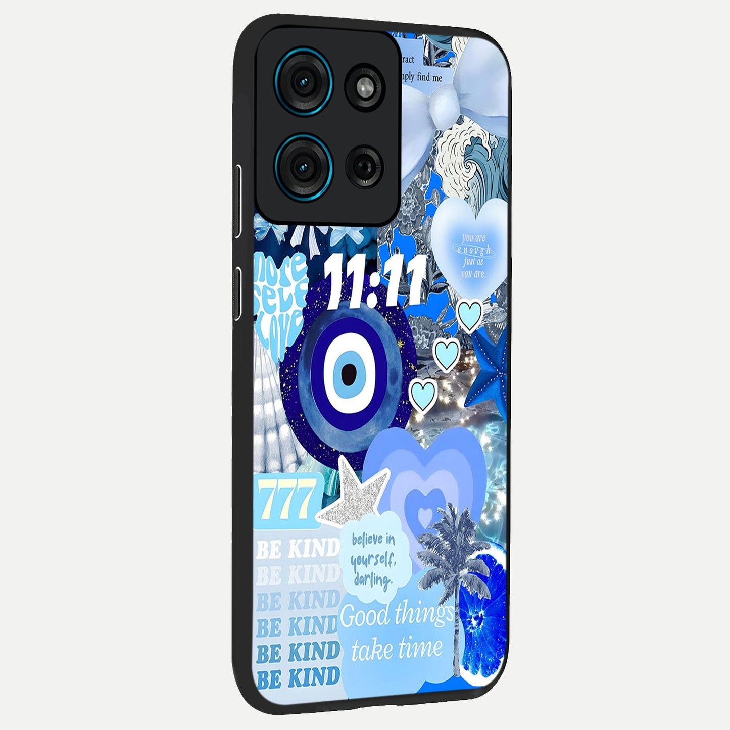 Aesthetic Be Kind Eye Glass Case upright view showcasing stylish eye illustration with positive message theme.
