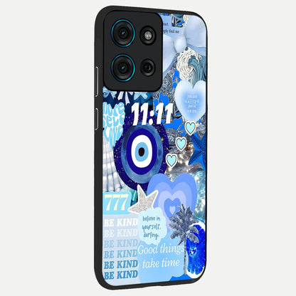 Aesthetic Be Kind Eye Glass Case upright view showcasing stylish eye illustration with positive message theme.