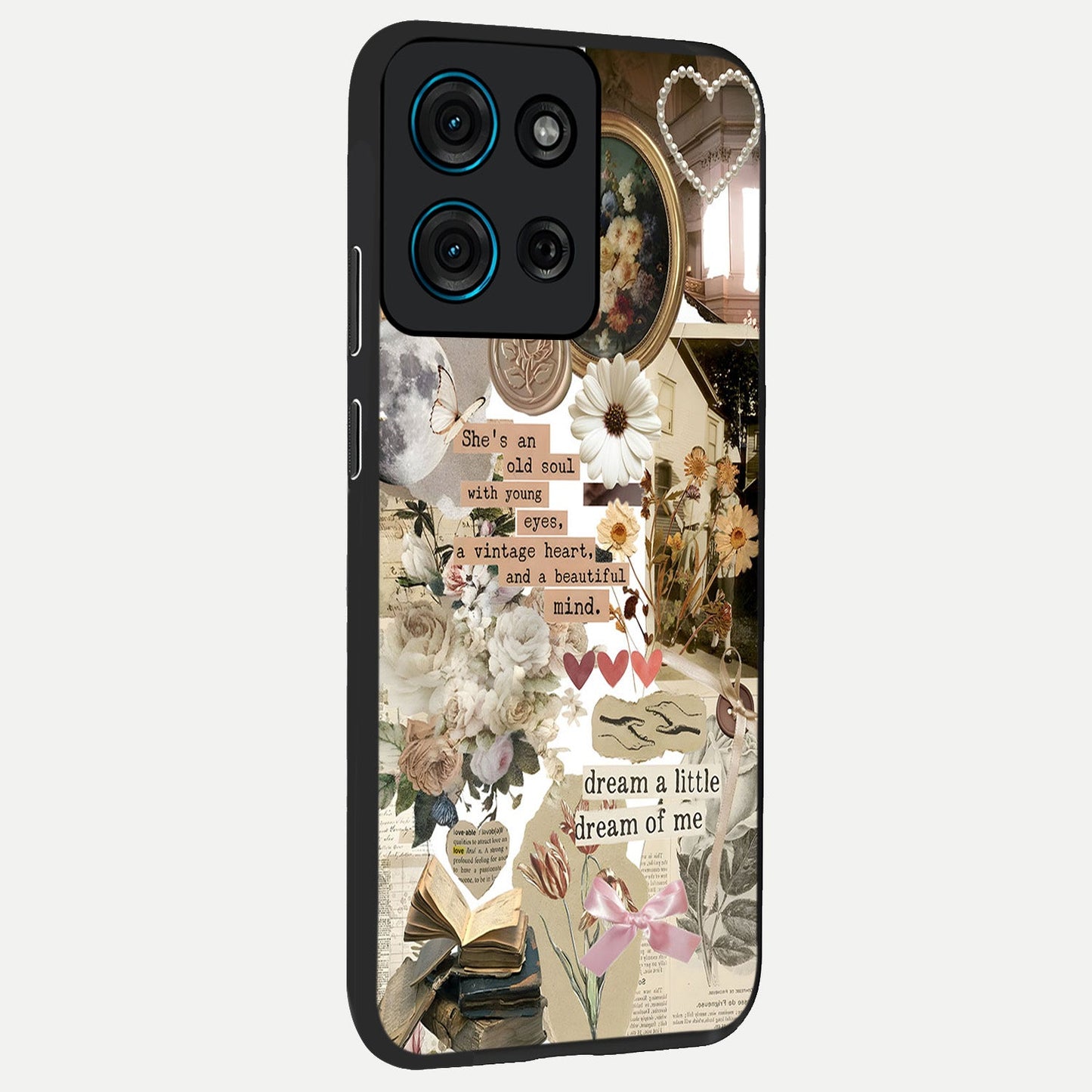 Aesthetic Brown Vintage Collage Glass Case upright view showcasing nostalgic retro artwork with stylish vintage theme.